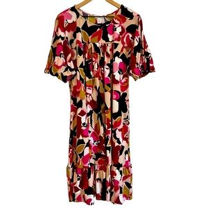 London Times Ruffle Sleeve Midi Floral Stretch Dress Pink Black Yellow
